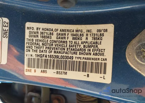 2009 Honda Civic Lx z USA, uszkodzony, nr VIN 1HGFA16539L003049